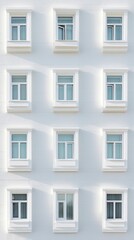 Fototapeta premium Close-up of smooth minimalist white facade with symmetrical windows and soft reflections