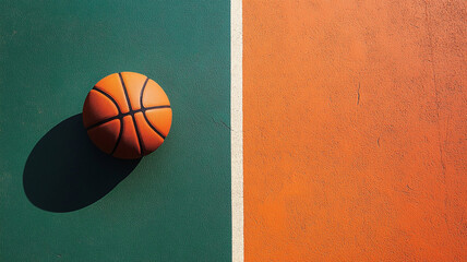 A basketball is placed on the orange and green outdoor court.