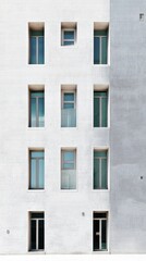 Fototapeta premium Close-up of smooth minimalist white facade with symmetrical windows and soft reflections