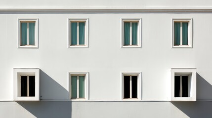 Close-up of smooth minimalist white facade with symmetrical windows and soft reflections