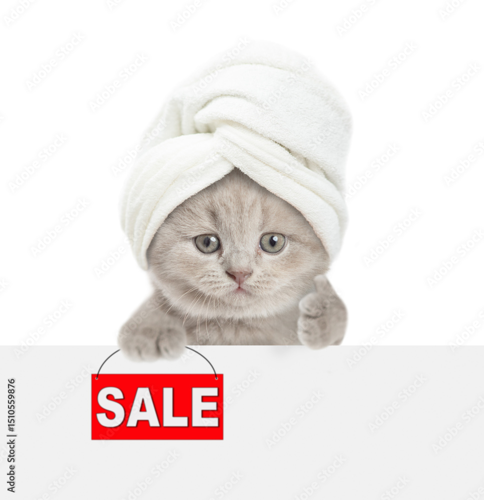 Aufkleber Cute kitten with towel on it head shows signboard with labeled 