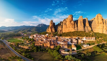 Naklejka premium aerial view of riglos village with rocky cliffs spain