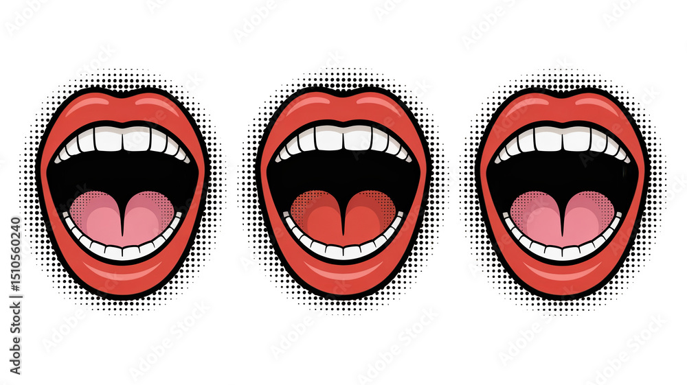 Poster three red open mouths are shouting with halftone dots around them, expressing a concept of announcem