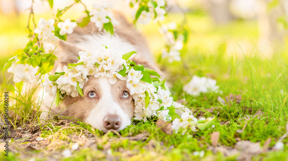 Poster portrait of a border collie puppy wearing wreath of apple blossoms at sunny spring park. empty space