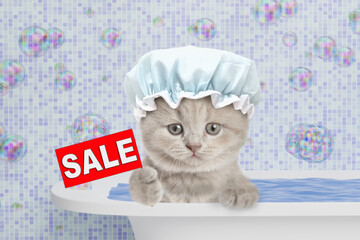 Cute kitten wearing shower cap takes the bath at home and  shows signboard with labeled "sale"