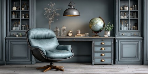 a realistic photo of an adjustable chair beside a cluttered desk in a creative studio