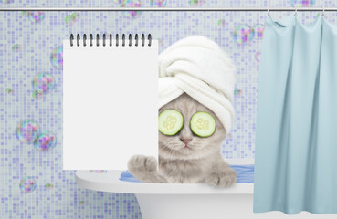 Funny kitten with towel on it head and slices of cucumber on it eyes takes the bath at home and shows blank white notepad in it paw. Empty space for text