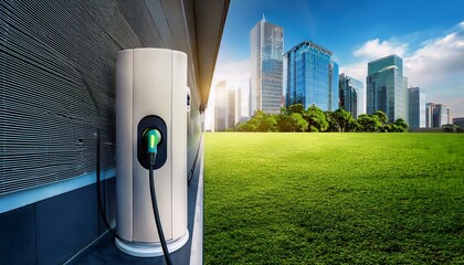 electric vehicle charger mounted on a wall with green grass and modern buildings visible in the background