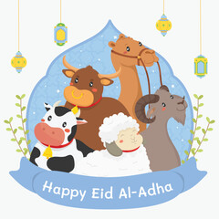 Happy Eid al-Adha vector illustration. Cute flat vector of qurban animals (cow, goat, sheep, camel, buffalo) in mosque arch with lanterns. Great for cards, social media, banners, and Islamic content