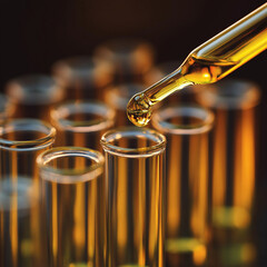 Close-up of a glass dropper dispensing liquid over multiple test tubes.