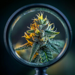 Close-up of trichomes on a blooming cannabis flower through a magnifying glass.