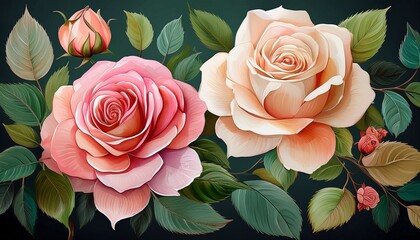 beautifully illustrated roses in various stages showcasing delicate petals and lush green leaves evoke sense of elegance and tranquility