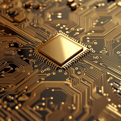 A gold circuit board with a square chip in the center.