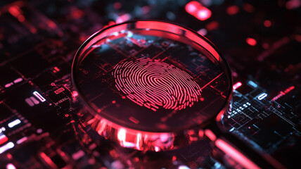 A magnifying glass over an electronic screen displaying the fingerprint of one person.