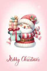 Santa with a happy expression, rosy cheeks, red nose and knitted red and white striped scarf. Greeting card with calligraphy inscription Merry Christmas.