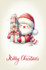 Santa with a happy expression, rosy cheeks, red nose and knitted red and white striped scarf. Greeting card with calligraphy inscription Merry Christmas.