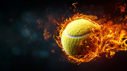 A tennis ball engulfed in flames soaring through the air.