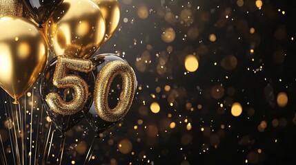 Golden Balloons Surrounding Shimmering Black Background for 50th Anniversary Celebration