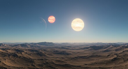 Alien planet surface with two suns and distant planet in sky. Cosmic landscape for science fiction or astronomy education.