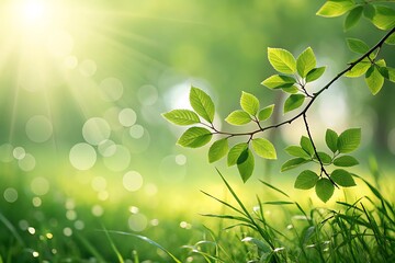 Abstract green blurred nature background with soft bokeh and sunlight. Perfect for eco, wellness, spring, Earth Day, and environmental sustainability-themed creative design projects.