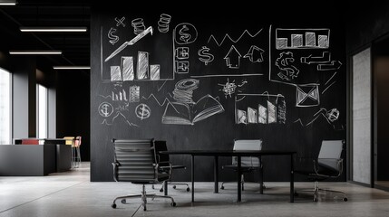 Modern Office Space with Chalkboard Wall Featuring Business Illustrations and Creative Workspace Design