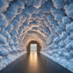 Surreal Road Tunnel Through Fluffy Clouds Towards Blue Sky