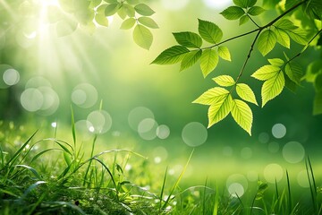 Abstract green blurred nature background with soft bokeh and sunlight. Perfect for eco, wellness, spring, Earth Day, and environmental sustainability-themed creative design projects.