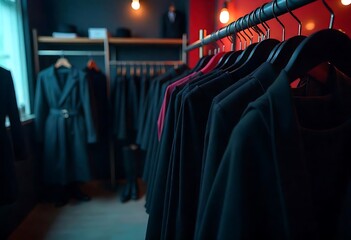 Colorful clothes on hangers in boutique store. Stylish fashion display featuring trendy apparel, variety of garments, seasonal styles, and retail concept for modern shopping visuals.