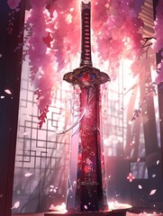 A majestic samurai sword stands tall, its gleaming blade surrounded by soft pink and white cherry blossoms, exuding tranquility and mystery.