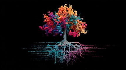 Colorful Tree in Pixel Art Style With Vibrant Geometric Details