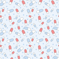 Seamless pattern with blue and red pills. Hand drawn tablet. Medicine pattern capsules. Tablets, medicine concept. Pills. Health	