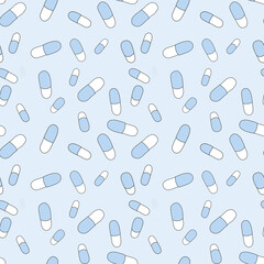 Seamless pattern with blue and white pills. Hand drawn tablet. Medicine pattern capsules. Tablets, medicine concept. Pills. Health	