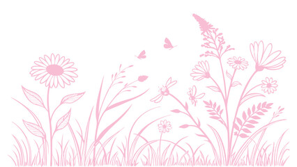 Delicate Pink Floral Meadow Illustration with Butterflies on White Background for Springtime Designs
