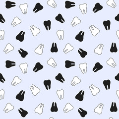 Seamless pattern with teeth. Back and white teeth on light blue background. Oral care medicine design. Dental hand drawn tooth pattern