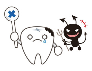 不健康な歯と虫歯菌のイラスト