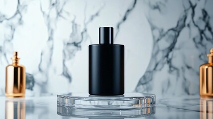 elegant perfume mockup with matte black finish on a frameless glass tabletop, cool white marble wall behind, reflections subtly visible under the bottle