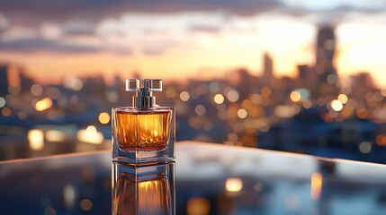 matte fragrance bottle in dusty plum tone on frameless glass coffee table, blurred reflections from soft amber light at sunset