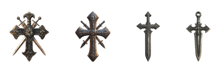Ornate Medieval Cross And Sword Designs Set. Historical Weaponry And Symbolism Collection Isolated On Transparent Background