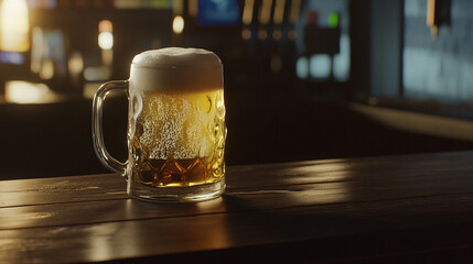 Refreshing beer with foam overflowing on wooden bar counter in warm pub interior
