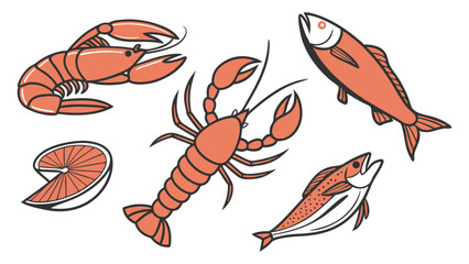 Seafood Illustration Featuring Lobster Fish and Lemon Slice in Orange and Gray Colors