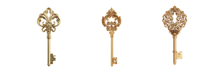 Ornate Vintage Gold Keys Set. Antique Elegance And Decorative Design Collection Isolated On Transparent Background