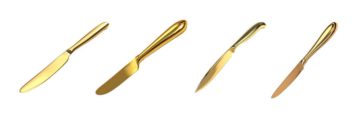 Obraz premium Golden Table Knives Set. Elegant Dining And Luxury Cutlery Collection Isolated On Transparent Background