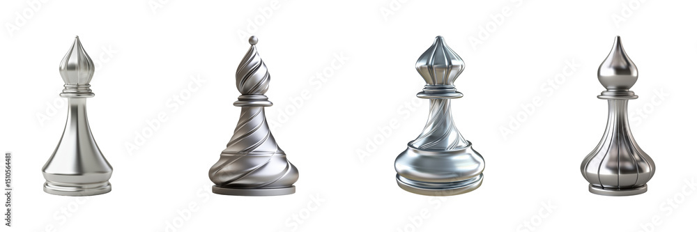 Poster silver chess bishop pieces set. elegant game strategy and design collection isolated on transparent 