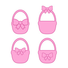 Vector set of cute cartoon-style baskets with different designs, including bows and simple patterns, perfect for kids, decor, or seasonal projects