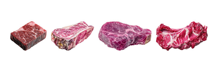 Obraz premium Variety Of Raw Meat Cuts Set. Culinary And Butchery Selection Collection Isolated On Transparent Background