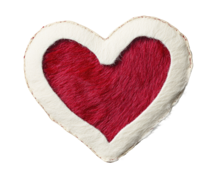 Heart-shaped decorative patch, red fur, white outline isolated on transparent background - Powered by Adobe