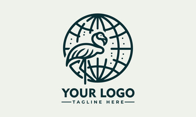 Stylized flamingo bird placed in front of outlined Earth globe representing environmental awareness. Wildlife concept
