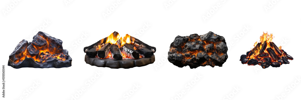 Poster artificial fireplace log and ember set. home decor and heating solutions collection isolated on tran