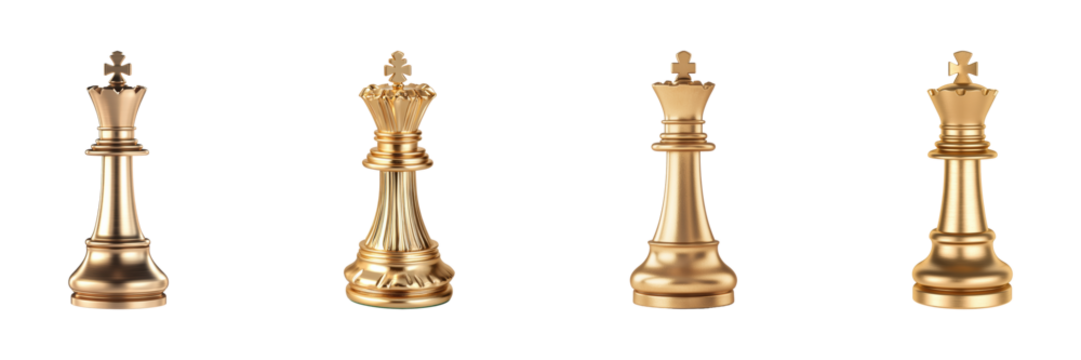 Golden Chess King Pieces Set. Luxury Strategy And Leadership Collection Isolated On Transparent Background