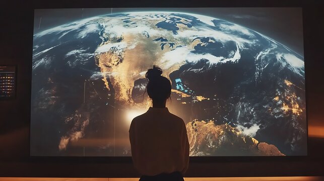 Futuristic Climate Room with a Glowing Holographic Earth Projection Surrounded by Digital Interfaces and Sci-Fi Lighting